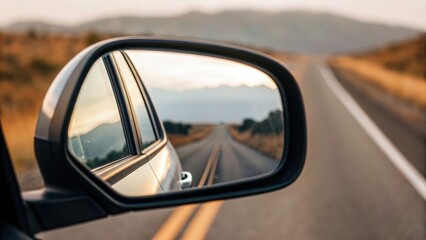 Close-up of rearview mirror showing open road &mdash; symbolizing reflection and journey ahead