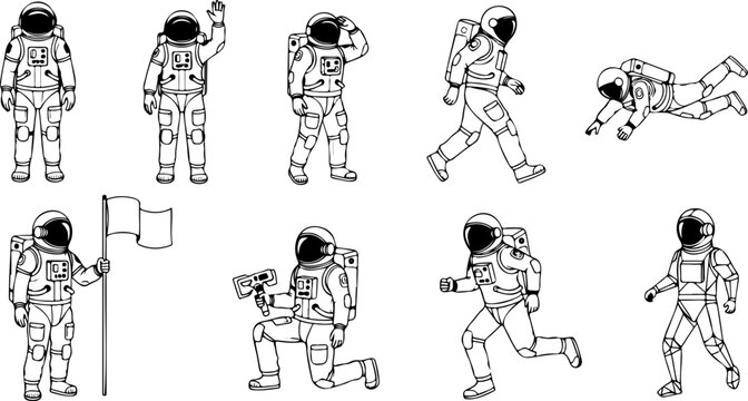 Collection of astronauts in various poses with space suits and equipment in black and white line art style