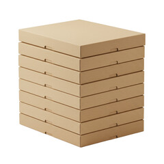 Five uniform, flat kraft brown cardboard apparel boxes neatly stacked on a transparent, isolated studio background with bright, even lighting and no shadows, emphasizing clean product packaging.