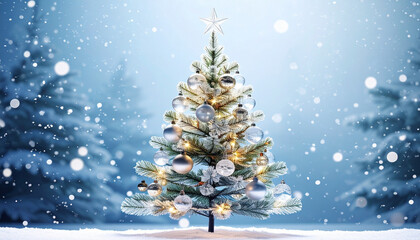 Glittering Christmas tree in the snow. Snowflakes falling around decorated tree. Holiday tree with shimmering snow backdrop. Snowy landscape with holiday tree glowing. Winter tree with lights 
