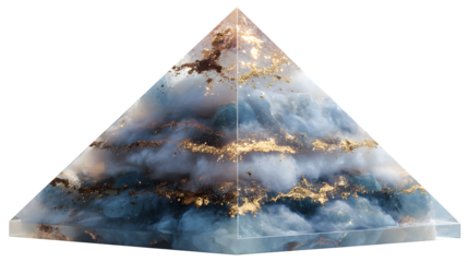 A decorative resin pyramid with layered, ethereal fog effects and subtle embedded gold flakes, creating a mystical and contemplative art piece, isolated on a Transparent Background