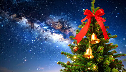 Red ribbon on snowy Christmas tree. Christmas tree in winter wonderland. Holiday tree with ornaments and snow. Snowy night with Christmas tree lights. Winter Christmas tree with star and bells
