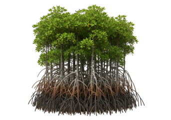 Lush mangrove forest with extensive aerial roots, presented against a striking black backdrop.