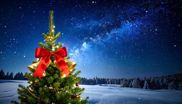 Christmas tree with golden bells and snow. Christmas decorations with red ribbon. Christmas tree in snowy landscape. Snowy mountain Christmas tree decoration. Starry night Christmas tree with bells - Powered by Adobe