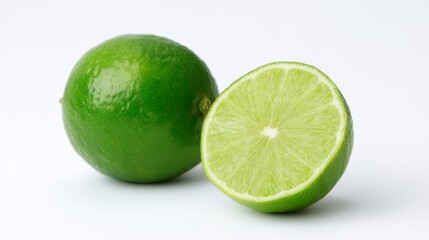 Fresh limes are vibrant and juicy. A whole lime sits next to a half lime with a perfect slice. This image showcases natural beauty and is perfect for food and health themes. AI