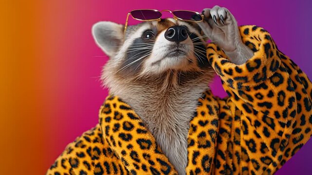 Stylish raccoon wearing sunglasses and a leopard print robe poses confidently, adjusting glasses, showcasing a playful attitude against a vibrant gradient backdrop, capturing a fun and whimsical chara