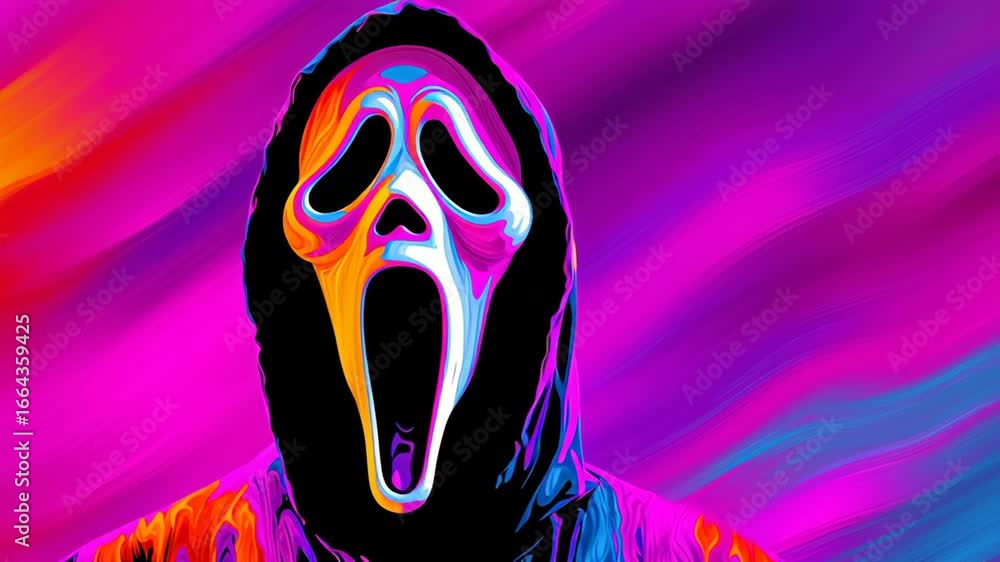 Poster vibrant artistic interpretation of a ghostly figure with a haunting expression, showcasing a continu