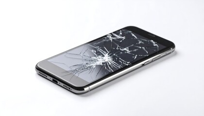 A cracked smartphone lies on a white surface.  The screen is shattered, displaying a fragmented image.  The phone's body is a metallic gray
