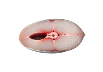 A high-angle, close-up view of a raw fish fillet, showcasing its delicate pink flesh and intricate bone structure against a stark black background.