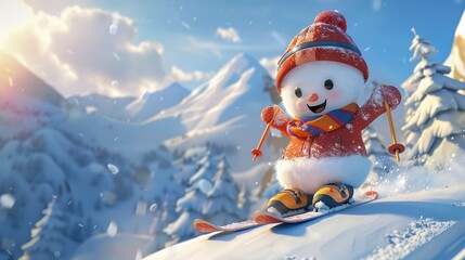 Obraz premium A cheerful cartoon snowman wearing bright winter gear skis downhill in a snowy alpine landscape, full of excitement and energy.
