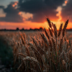 Naklejka premium A golden wheat field under a dramatic sunset sky, showcasing the beauty of nature and the abundance of the harvest in the rural landscape