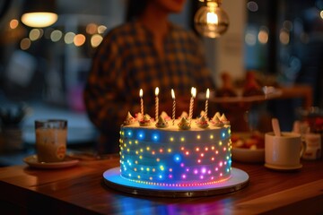 A birthday cake with glowing LED-style rainbow lights and lit candles sits on a wooden table during an indoor celebration.