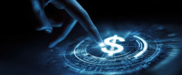 The Dollar Sign Holographic Interface Being Touched By Human Finger For Digital Finance