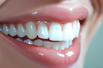 A macro view of a person’s perfect smile with clean, white teeth and healthy pink gums, showing oral care and hygiene.