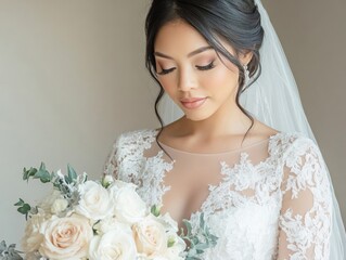 Naklejka premium A bride in an elegant lace gown stands indoors, softly looking at her bouquet of white roses, exuding grace and calmness as she prepares for her wedding day.
