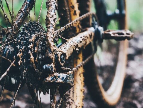 Bicycle chain covered in mud after a trail ride in a forest during early morning