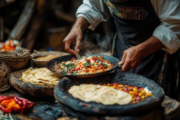A chef prepares a fresh tortilla dish with colorful vegetables in a rustic wooden kitchen, steam rising from the vibrant mixture.