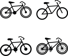 Collection of four bicycle silhouette vector icons in different styles. Perfect for cycling logos, transport graphics, sports designs, and outdoor adventure illustrations.