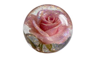 A Single Pink Rose Encased in a Clear Glass Sphere Filled with Glitter, Symbolizing Preserved Beauty, Elegance, and Everlasting Love.