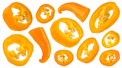 Falling yellow pepper slices isolated on white background, full depth of field