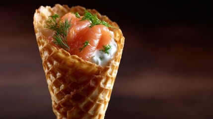 A delicious food creation featuring smoked salmon in a crispy waffle cone. This unique dish combines flavors and textures in a fresh way. Perfect for gourmet catering. AI