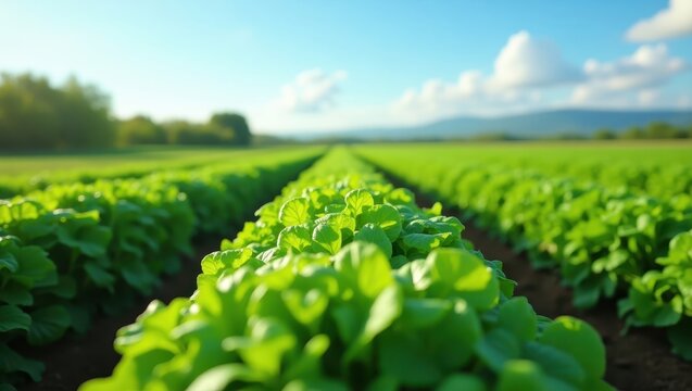 Lush rows of vibrant green leafy plants extend across a sunlit field, creating a peaceful and prosperous scene.