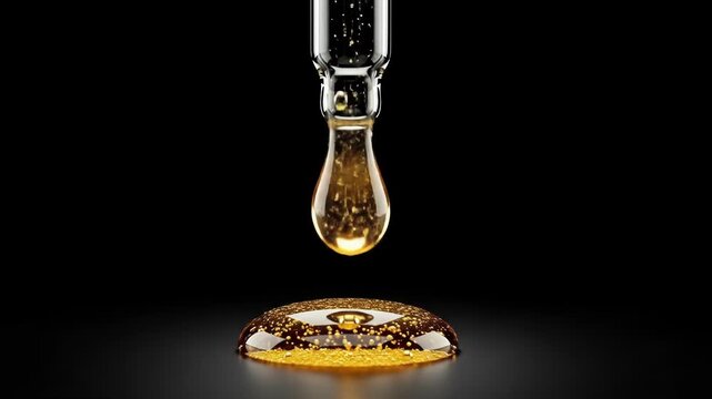 A glass dropper dispenses a golden, shimmering liquid onto a dark surface, forming a glistening droplet.  Tiny bubbles are suspended within the viscous substance