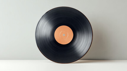 Minimalist product photography featuring a vintage vinyl record against a plain white background, illuminated by soft studio lighting.