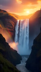 Fototapeta premium Majestic Waterfall Landscape with Rainbow and Golden Sunset Illumination