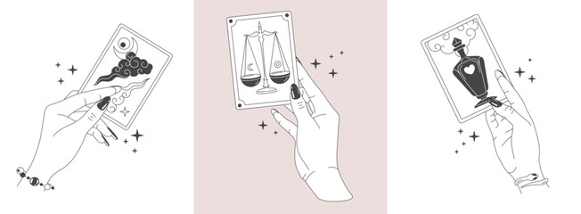 Set of magic witchcraft line art hands with tarot cards. Esoteric hand gesture logo. Vector illustration