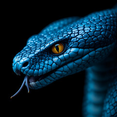 Fototapeta premium Ultra Detailed Blue Pit Viper Snake Macro Shot on Black Background