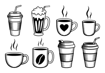 Collection of Coffee Cups and Drinks, Black and White Line Art