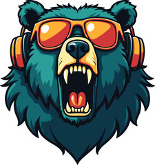 Obraz premium Roaring bear with sunglasses and headphones, cool music mascot cartoon