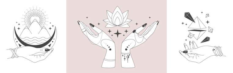 Set of magic witchcraft line art hands with tarot cards. Esoteric hand gesture logo. Vector illustration
