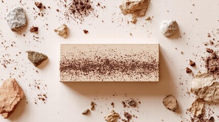 Stone-like rectangular block with scattered rocks and soil on beige surface for Earth Day geology texture.