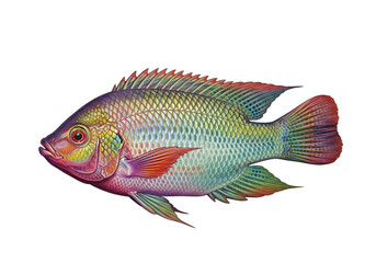 Fototapeta premium Vibrant illustration of a colorful fish, displaying a spectrum of hues against a stark black background.