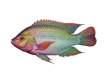 Vibrant illustration of a colorful fish, displaying a spectrum of hues against a stark black background.