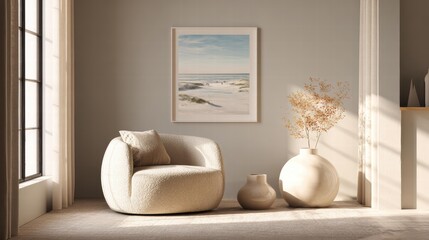 Cozy living corner with beige armchair, beach art print and dried plants for Christmas home scene.