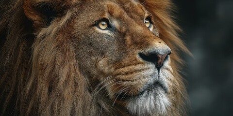 Fototapeta premium Majestic lion with a regal mane gazes thoughtfully at its surroundings during a quiet moment in the wild