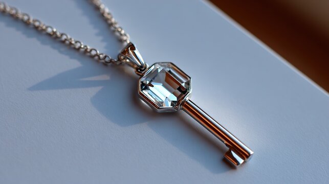A shimmering silver key pendant necklace featuring a large, sparkling gem at the top, resting elegantly on a soft, blurred background. - Powered by Adobe