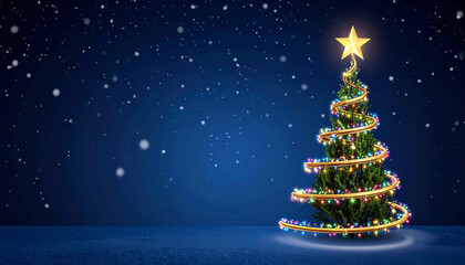 Christmas tree with colorful lights. Festive tree glowing in snow. Holiday tree sparkling under star. Christmas decor with lights and snow. Glowing Xmas tree with star topper