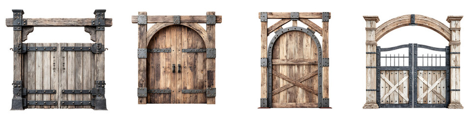 Four rustic wooden gates and entrances isolated on white