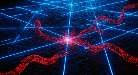 Dynamic abstract digital network with glowing red data streams converging on a central energy core, illustrating complex cyber connections and a futuristic system interaction