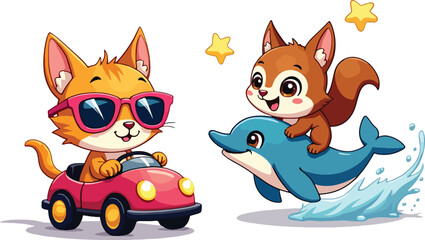Cool cat driving car and puppy riding dolphin, cute animal friends