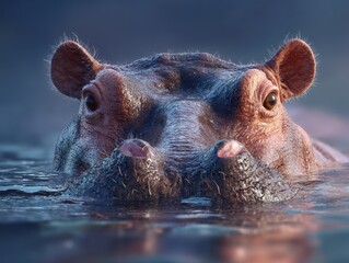 Fototapeta premium Hippo surfacing in tranquil water during early morning light in a wildlife habitat environment