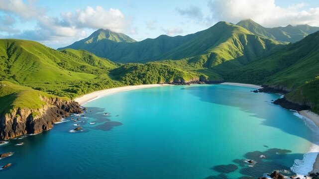 Serene aerial drone footage glides over Samoa's tranquil bay embraced by lush green rolling hills, a breathtaking tropical escape.