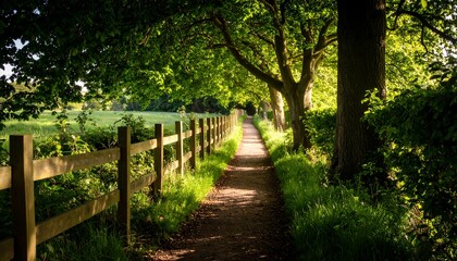 Obraz premium A sun-drenched country path winds through a lush green landscape, bordered by a rustic wooden fence.