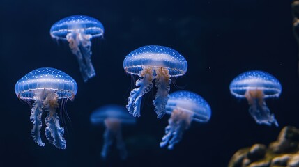 Obraz premium Graceful white spotted jellyfish glowing in dark water