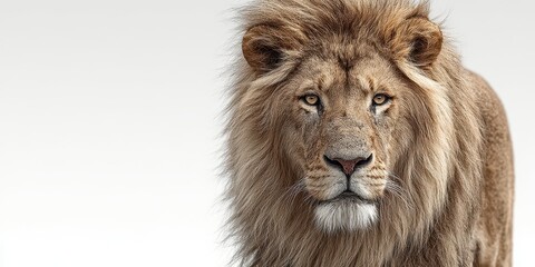 Fototapeta premium Majestic lion with a full mane standing against a neutral background during daylight hours in a wildlife setting