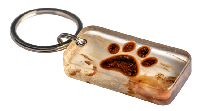 A personalized resin dog tag keychain, with an embedded paw print and space for a name, a heartfelt accessory for pet owners, isolated on a Transparent Background - Powered by Adobe